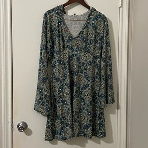 Earthbound Trading Co. Boho Paisley Bell Sleeve Hooded Mini Dress XL